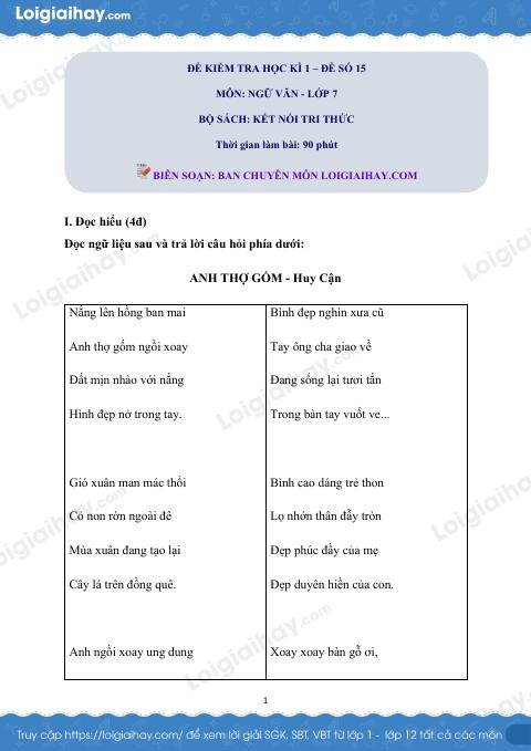 Đề thi học kì 1 Văn 7 Chân trời sáng tạo - Đề số 15